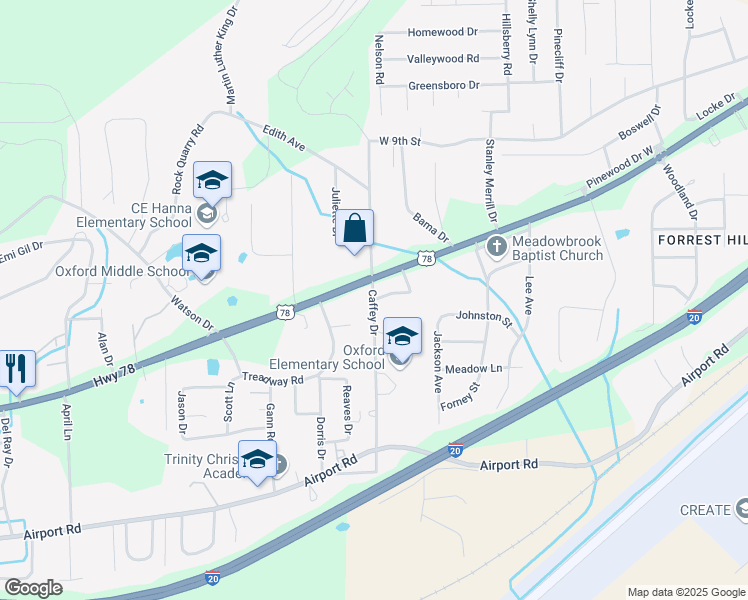 map of restaurants, bars, coffee shops, grocery stores, and more near 1298 Caffey Drive in Oxford