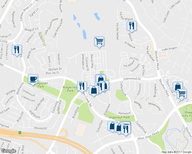 map of restaurants, bars, coffee shops, grocery stores, and more near 156 Playa Circle in Aliso Viejo