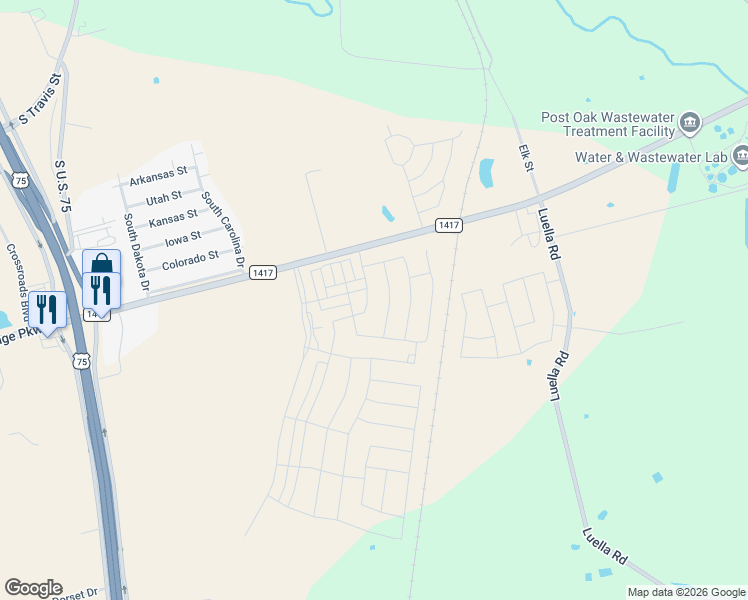 map of restaurants, bars, coffee shops, grocery stores, and more near 1202 Farm to Market Road 1417 in Sherman