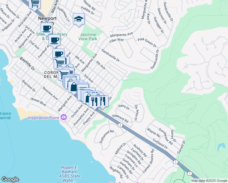 map of restaurants, bars, coffee shops, grocery stores, and more near 612 Poppy Avenue in Newport Beach