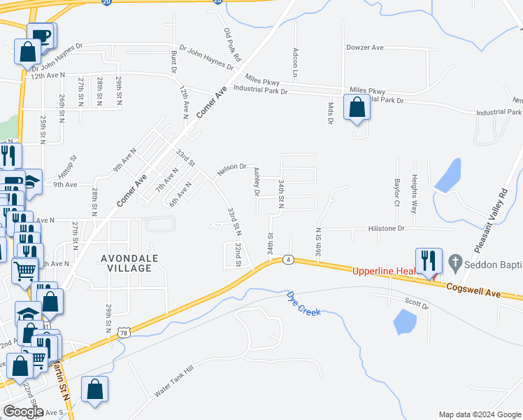 map of restaurants, bars, coffee shops, grocery stores, and more near 204 Ashley Drive in Pell City