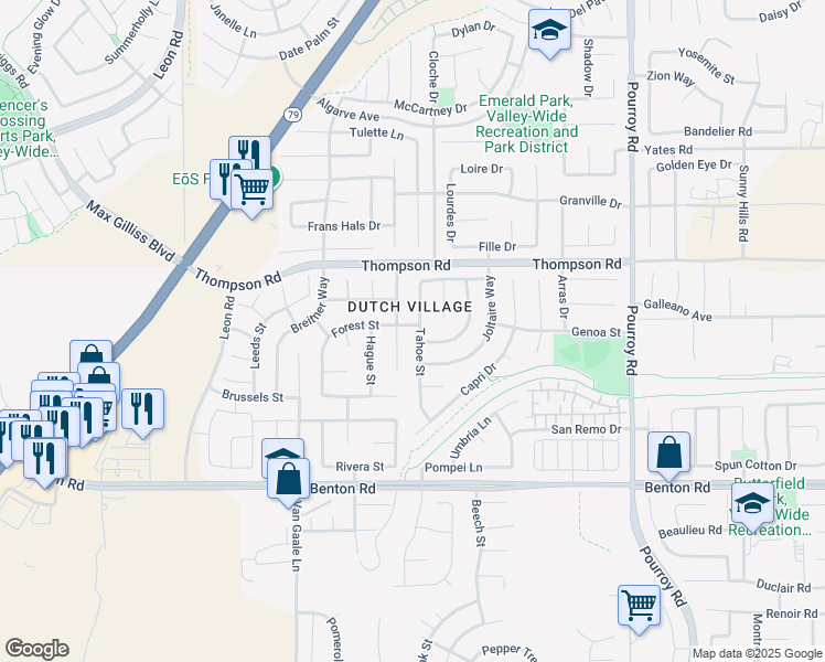 map of restaurants, bars, coffee shops, grocery stores, and more near 36143 Tahoe Street in Winchester