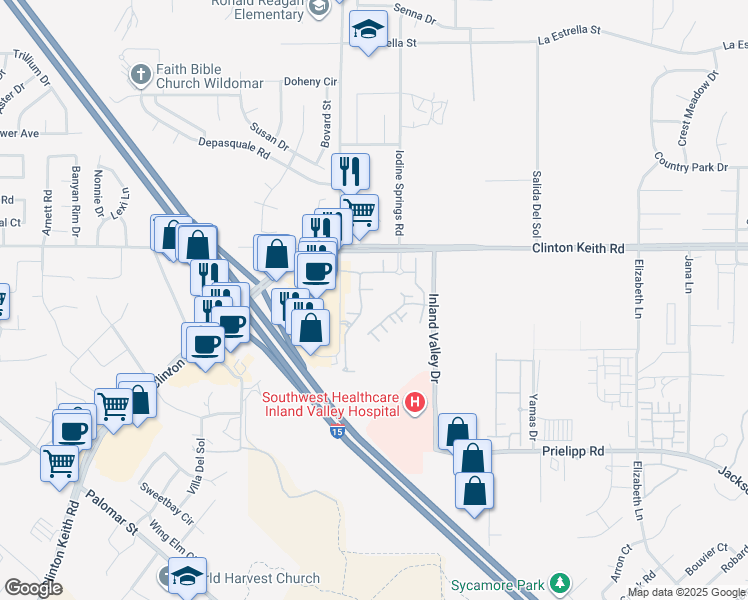 map of restaurants, bars, coffee shops, grocery stores, and more near 24055 Clinton Keith Road in Wildomar