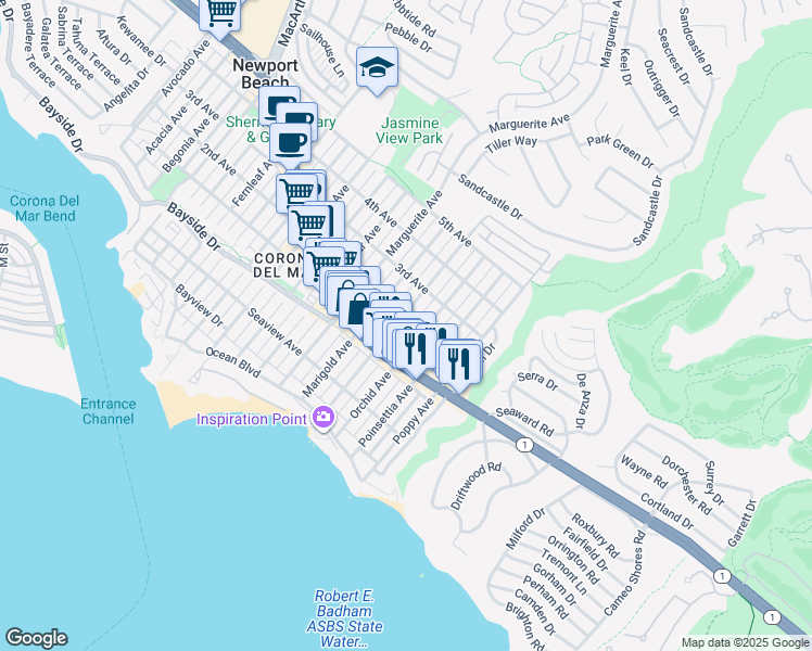 map of restaurants, bars, coffee shops, grocery stores, and more near 414 Narcissus Avenue in Newport Beach
