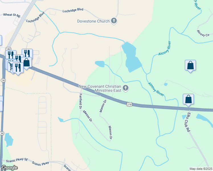 map of restaurants, bars, coffee shops, grocery stores, and more near 25 Riverbend Drive in Covington