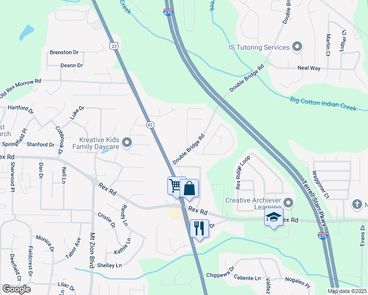 map of restaurants, bars, coffee shops, grocery stores, and more near 5803 Star Flower Drive in Ellenwood