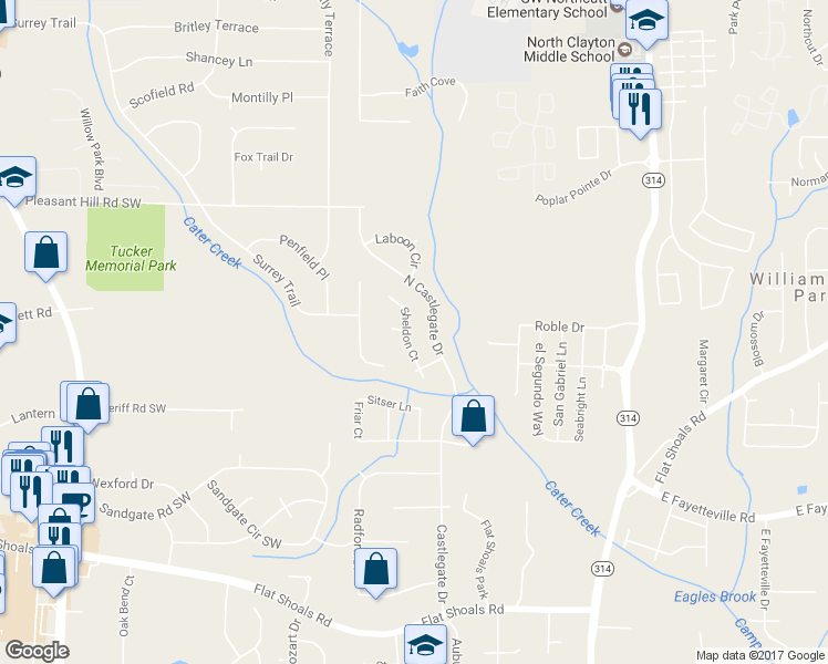map of restaurants, bars, coffee shops, grocery stores, and more near 5857 Sheldon Court in Atlanta