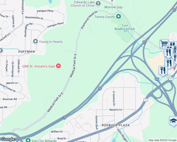 map of restaurants, bars, coffee shops, grocery stores, and more near 47 Medical Park Drive East in Birmingham