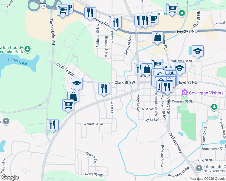 map of restaurants, bars, coffee shops, grocery stores, and more near 3135 West Street in Covington