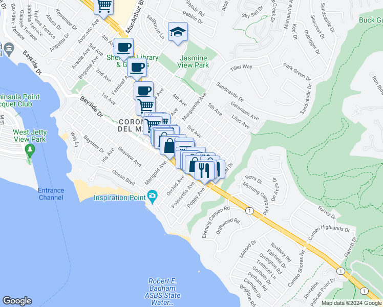 map of restaurants, bars, coffee shops, grocery stores, and more near 426 Narcissus Avenue in Newport Beach