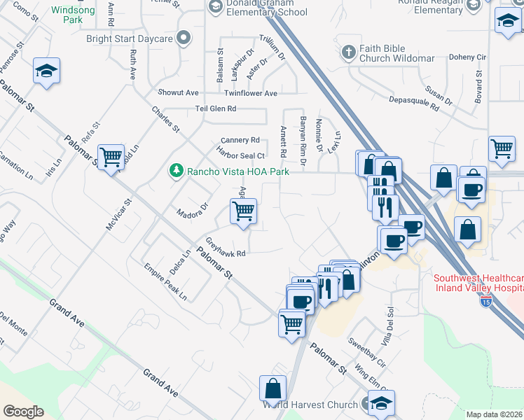 map of restaurants, bars, coffee shops, grocery stores, and more near 23105 Seattle Ridge Road in Wildomar