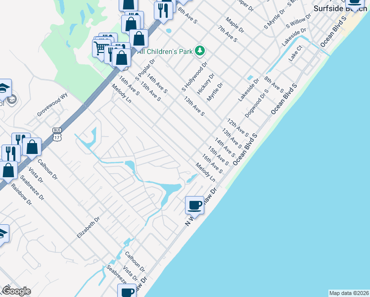 map of restaurants, bars, coffee shops, grocery stores, and more near 316 Melody Lane in Surfside Beach