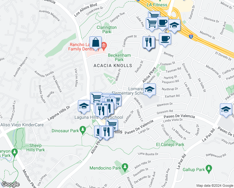 map of restaurants, bars, coffee shops, grocery stores, and more near 25232 Derby Circle in Laguna Hills