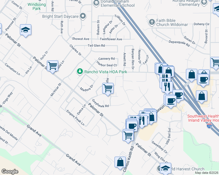 map of restaurants, bars, coffee shops, grocery stores, and more near 36137 Walking Horse Court in Wildomar