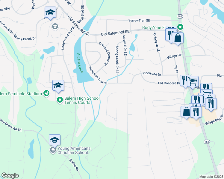 map of restaurants, bars, coffee shops, grocery stores, and more near 30 Chicory Lane in Covington