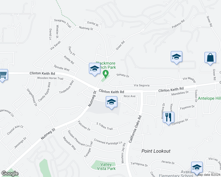 map of restaurants, bars, coffee shops, grocery stores, and more near 23673 Vía Segovia in Murrieta