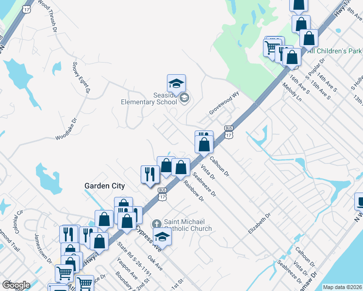 map of restaurants, bars, coffee shops, grocery stores, and more near 2138 U.S. 17 Business in Myrtle Beach