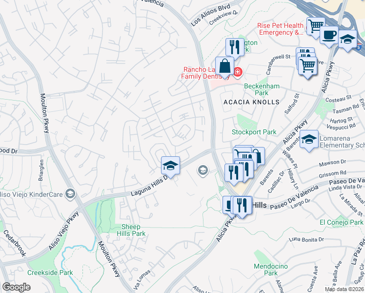 map of restaurants, bars, coffee shops, grocery stores, and more near 802 Ronda Mendoza in Laguna Woods