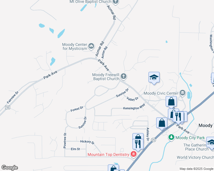 map of restaurants, bars, coffee shops, grocery stores, and more near 2809 Lee Meadows Drive in Moody