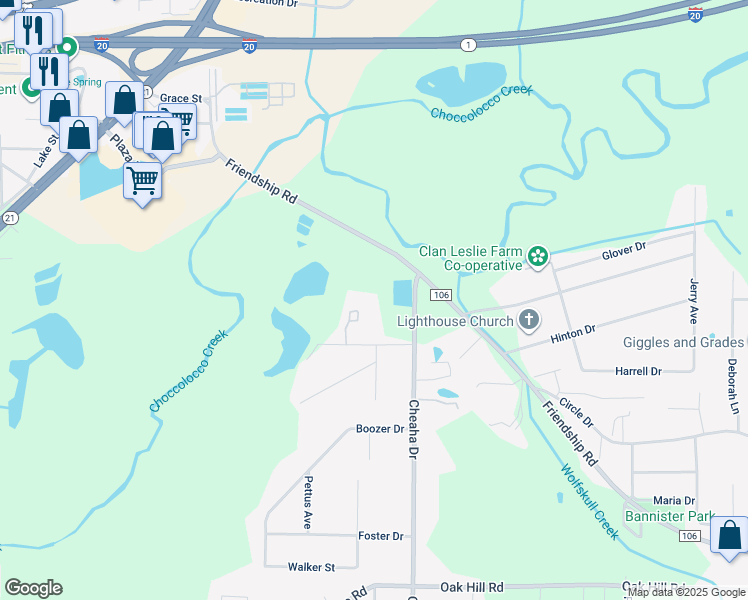 map of restaurants, bars, coffee shops, grocery stores, and more near 1700 Cheaha Drive in Oxford
