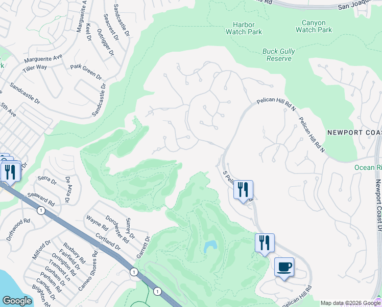 map of restaurants, bars, coffee shops, grocery stores, and more near 2 Newport Coast Drive in Newport Beach