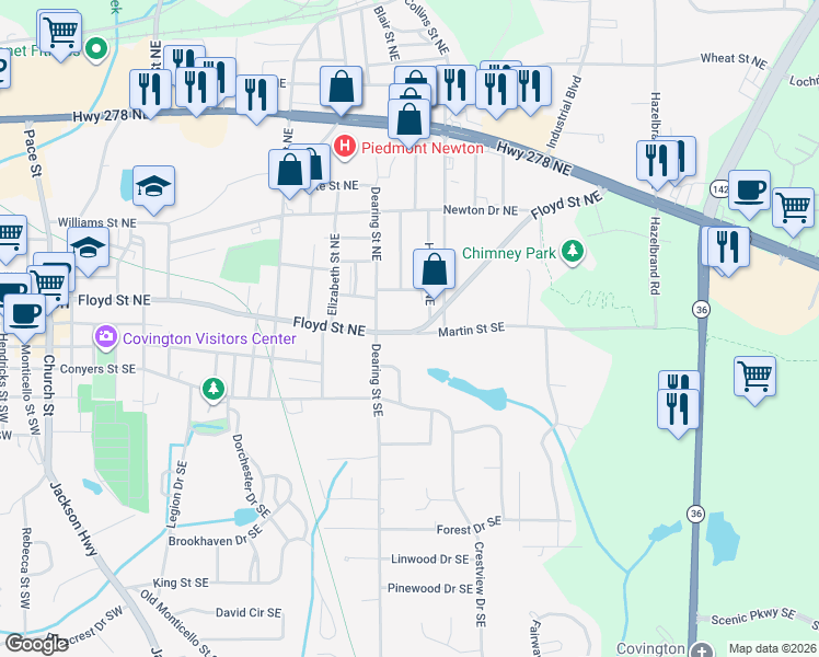 map of restaurants, bars, coffee shops, grocery stores, and more near 5143 Floyd Street Northeast in Covington
