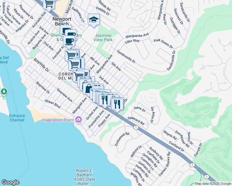 map of restaurants, bars, coffee shops, grocery stores, and more near 517 Poinsettia Avenue in Newport Beach