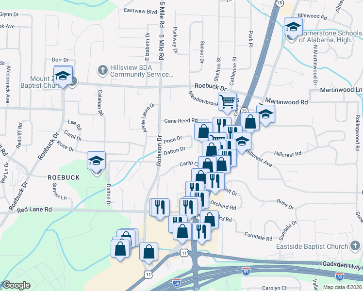 map of restaurants, bars, coffee shops, grocery stores, and more near 428 Dalton Drive in Birmingham