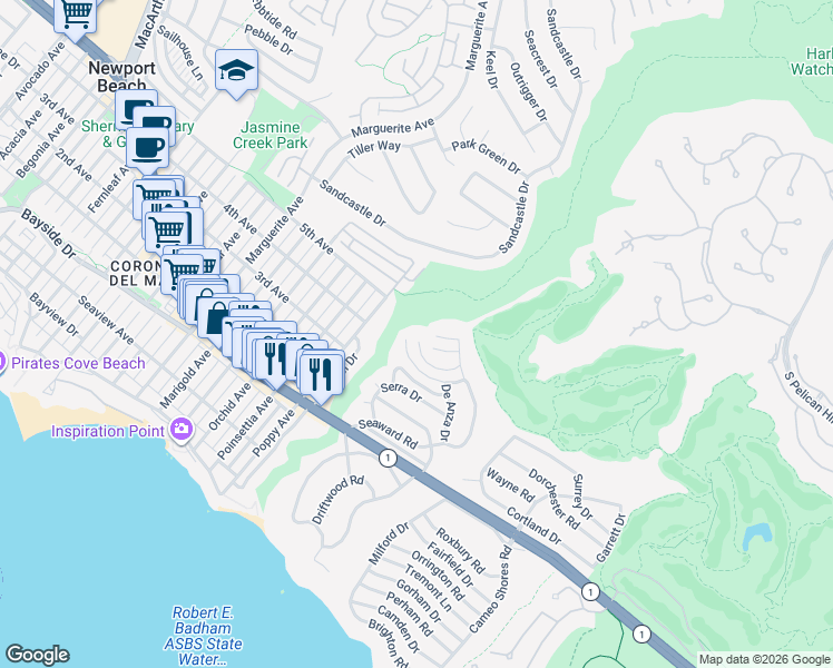 map of restaurants, bars, coffee shops, grocery stores, and more near 408 Mendoza Terrace in Newport Beach