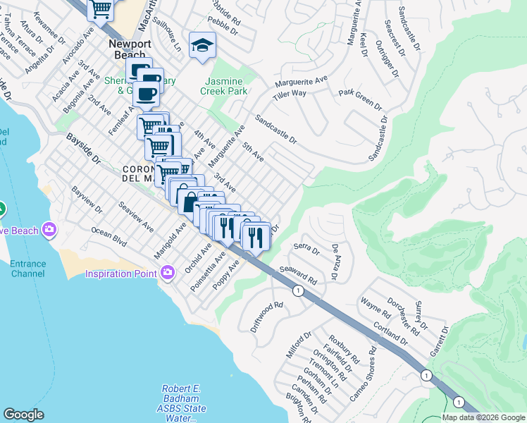 map of restaurants, bars, coffee shops, grocery stores, and more near 600 Poinsettia Avenue in Newport Beach