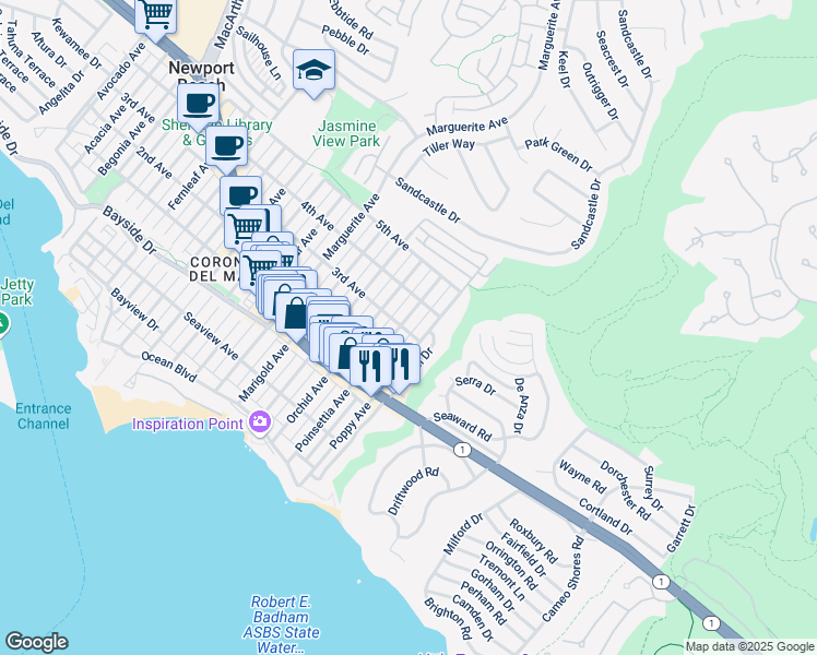 map of restaurants, bars, coffee shops, grocery stores, and more near 600 Poinsettia Avenue in Newport Beach