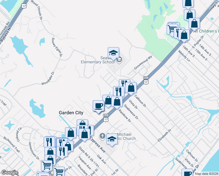 map of restaurants, bars, coffee shops, grocery stores, and more near 728 Oliver Drive in Murrells Inlet