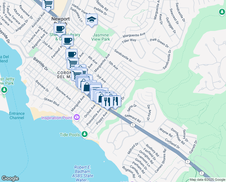 map of restaurants, bars, coffee shops, grocery stores, and more near 517 Poinsettia Avenue in Newport Beach