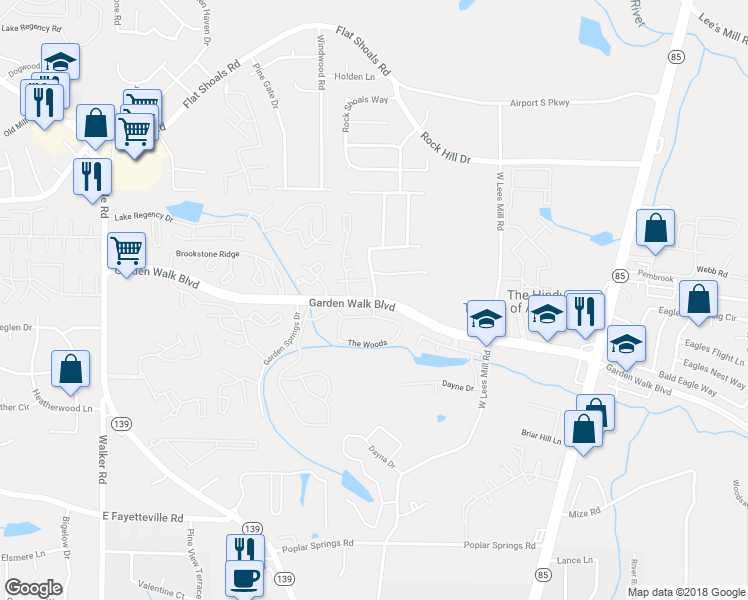 map of restaurants, bars, coffee shops, grocery stores, and more near 565 Garden Walk Boulevard in Atlanta