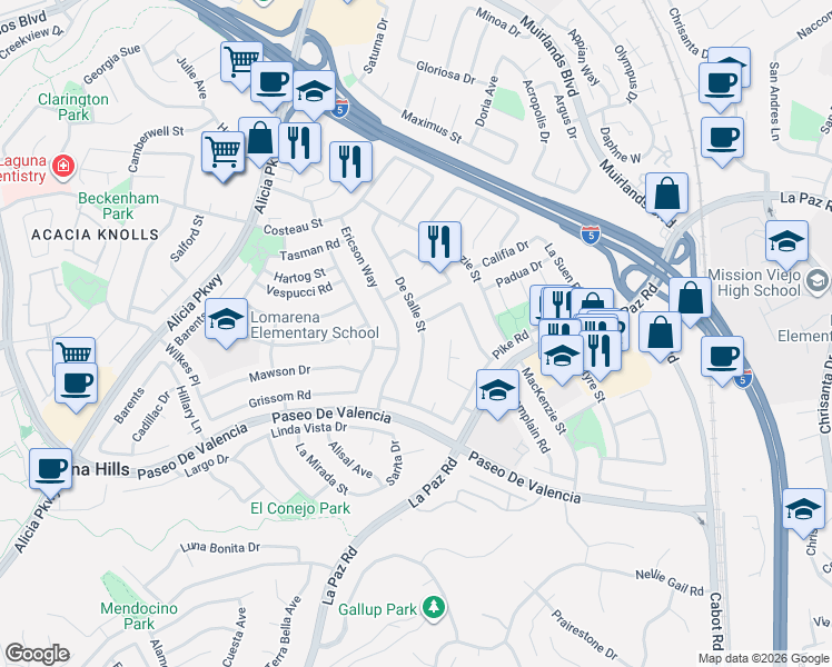 map of restaurants, bars, coffee shops, grocery stores, and more near 25271 De Salle Street in Laguna Hills