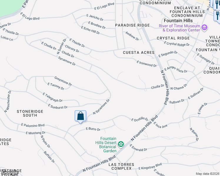 map of restaurants, bars, coffee shops, grocery stores, and more near 15976 Sycamore Drive in Fountain Hills