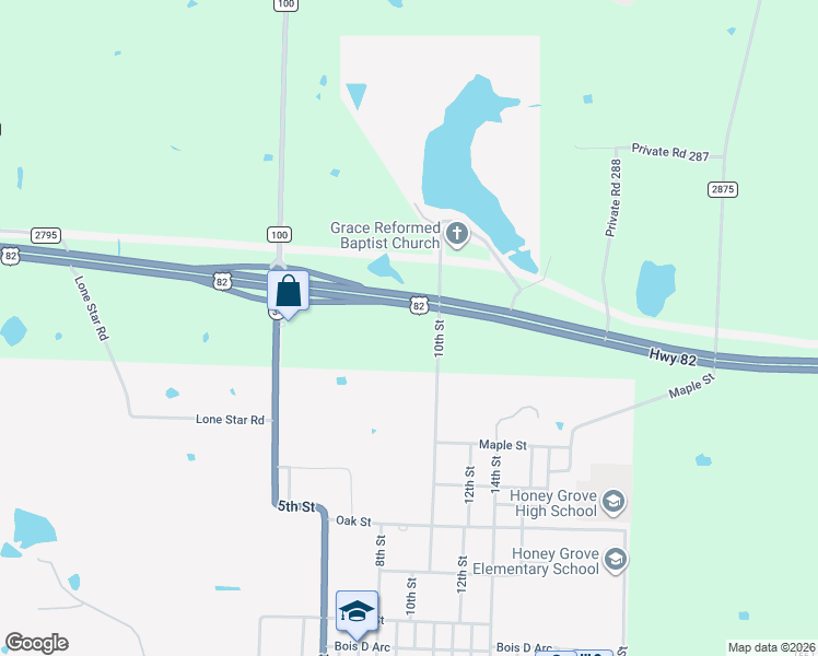 map of restaurants, bars, coffee shops, grocery stores, and more near 1885 10th Street in Honey Grove