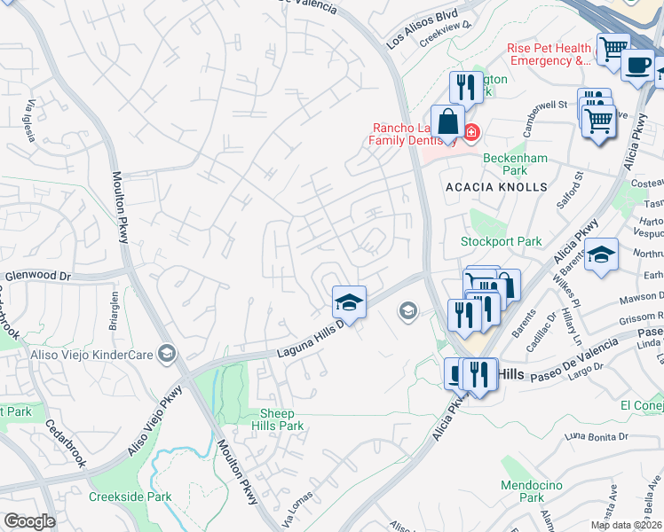 map of restaurants, bars, coffee shops, grocery stores, and more near 860 Ronda Mendoza in Laguna Woods