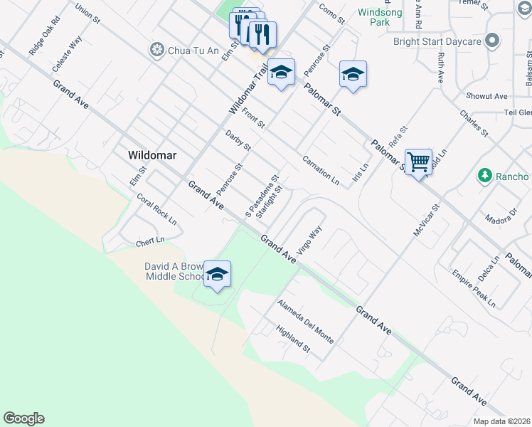 map of restaurants, bars, coffee shops, grocery stores, and more near 32928 Starlight Street in Wildomar