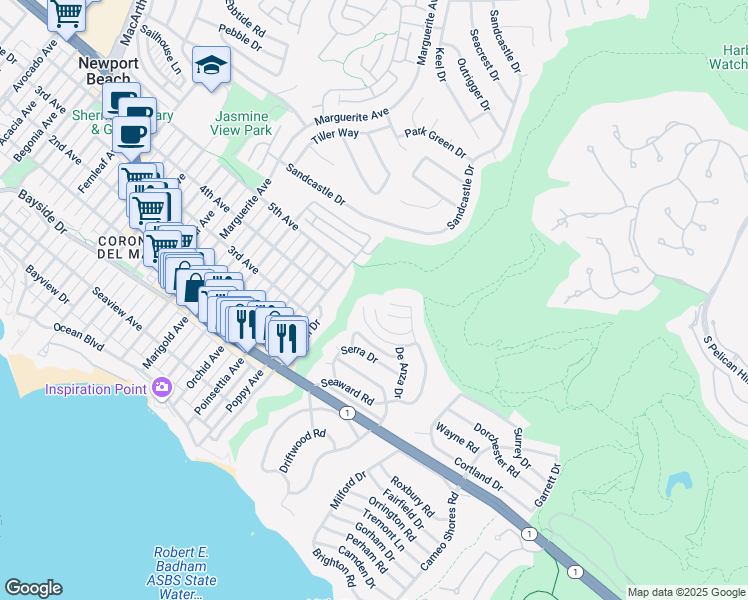 map of restaurants, bars, coffee shops, grocery stores, and more near 408 Mendoza Terrace in Newport Beach