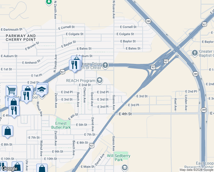 map of restaurants, bars, coffee shops, grocery stores, and more near 3203 East 2nd Place in Lubbock