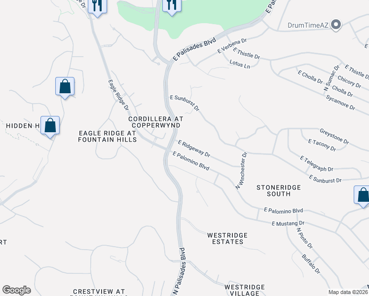 map of restaurants, bars, coffee shops, grocery stores, and more near 15026 East Palomino Boulevard in Fountain Hills