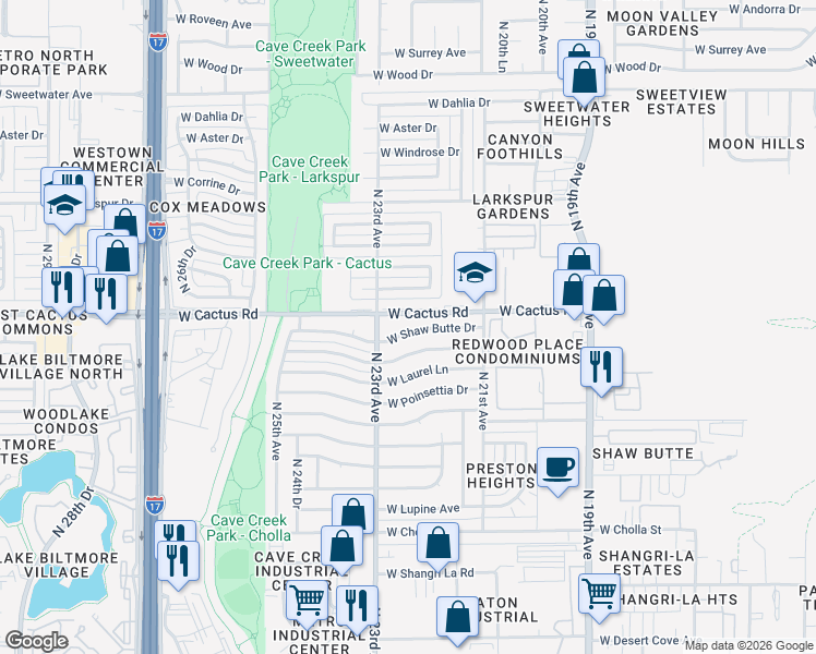 map of restaurants, bars, coffee shops, grocery stores, and more near 2221 West Shaw Butte Drive in Phoenix
