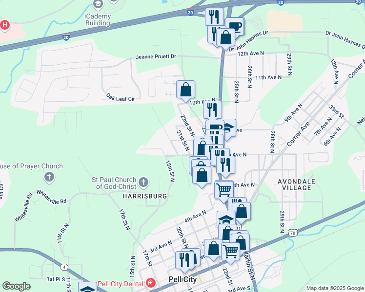 map of restaurants, bars, coffee shops, grocery stores, and more near 707 21st Street North in Pell City
