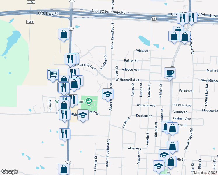 map of restaurants, bars, coffee shops, grocery stores, and more near 1913 Albert Broadfoot Street in Bonham