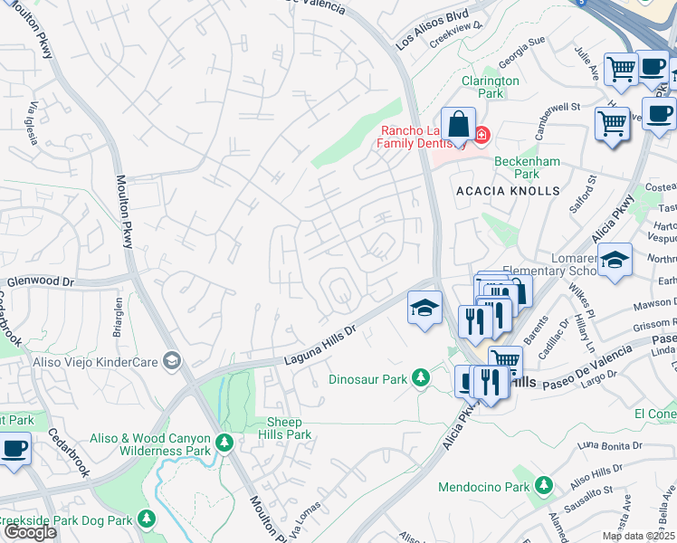 map of restaurants, bars, coffee shops, grocery stores, and more near 860 Ronda Mendoza in Laguna Woods