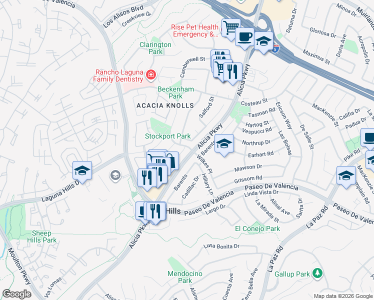 map of restaurants, bars, coffee shops, grocery stores, and more near 25182 York Circle in Laguna Hills