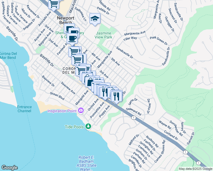 map of restaurants, bars, coffee shops, grocery stores, and more near 501 Orchid Avenue in Newport Beach
