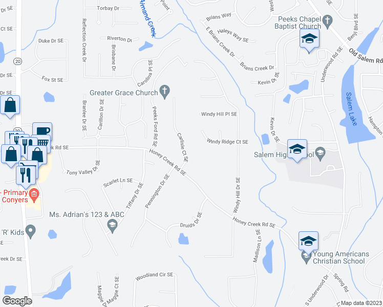 map of restaurants, bars, coffee shops, grocery stores, and more near 3504 Carlisle Court Southeast in Conyers