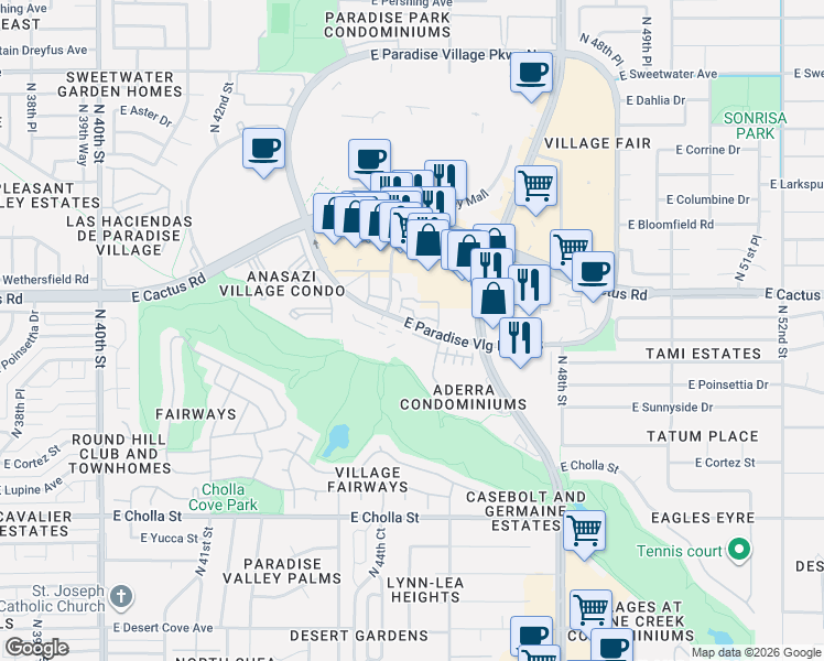map of restaurants, bars, coffee shops, grocery stores, and more near 4455 East Paradise Village Parkway South in Phoenix